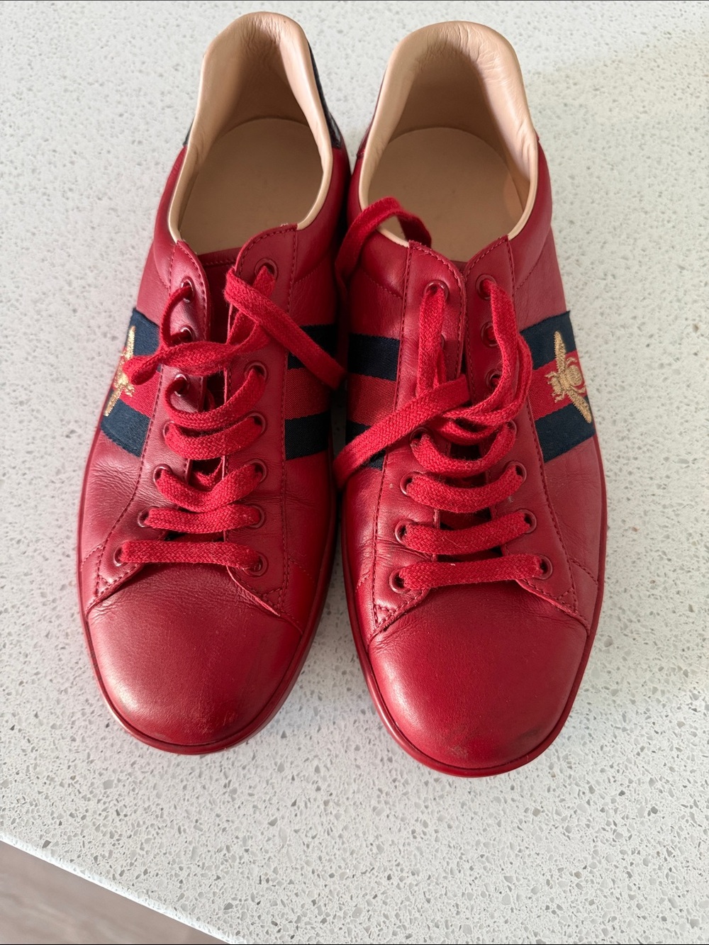 AUTHENTIC Gucci Red Leather Sneakers with Navy Stripe and Gold Bee